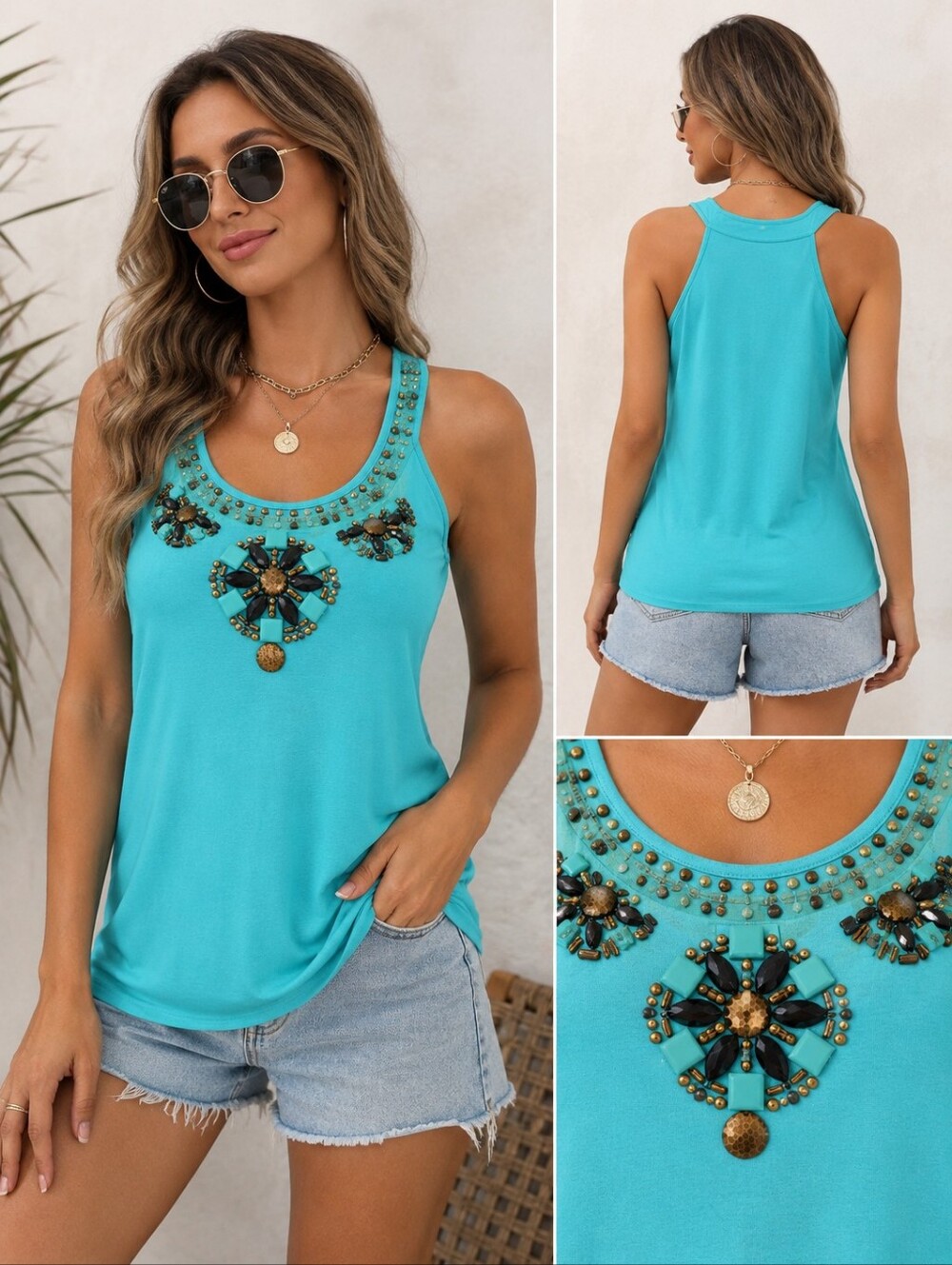 Vintage Y2K Rafaella Embellished Turquoise Tank Top Medium Beaded Studded Sleeve